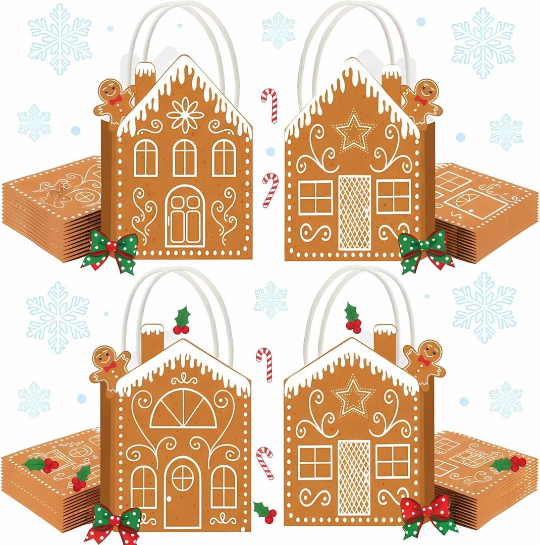 Clabby 48 Pcs Gingerbread House Small Christmas Gingerbread Kraft Gift Bag Xmas Presents Boxes House Wrapping Treat Bags with Handle Xmas Characters for Christmas Party Favors Holidays Decorations