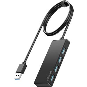 USB Hub, Multiport USB Splitter Adapter, 2 ft Long Cable USB 3.0 Hub, USB Extender for Laptop, PC, iMac, Surface Pro, MacBook, Mac Pro, Flash Drive, XPS, Mouse, HDD (Longline Black-Plastic)