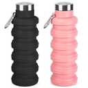 Collapsible Water Bottle, 16oz Portable Reusable Silicone Water Bottle, BPA-Free Leak-Proof Foldable Design with Carabiner, Lightweight Durable for Gym, Travel, Camping, Hiking, Sports(Black+Pink)
