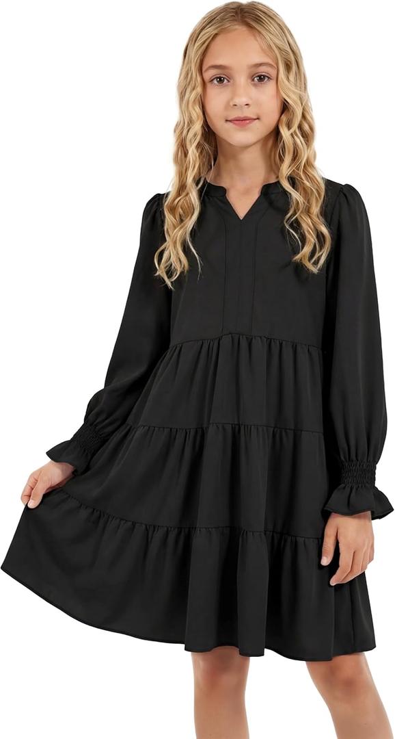 Cubear Girls' Casual A-Line Dress with Ruffle Hem Long Sleeve V-Neck Pocket Teen Girls Dress Tween Junior Dresses, 5-14 Years (Black)