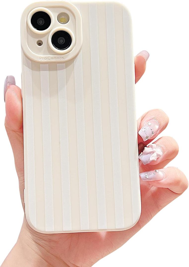 2 x Compatible with iPhone 15 Case Cute Aesthetic Striped Design for Girls Women,Soft Silicone Shockproof Protective Designed for iPhone 15 Case-White
