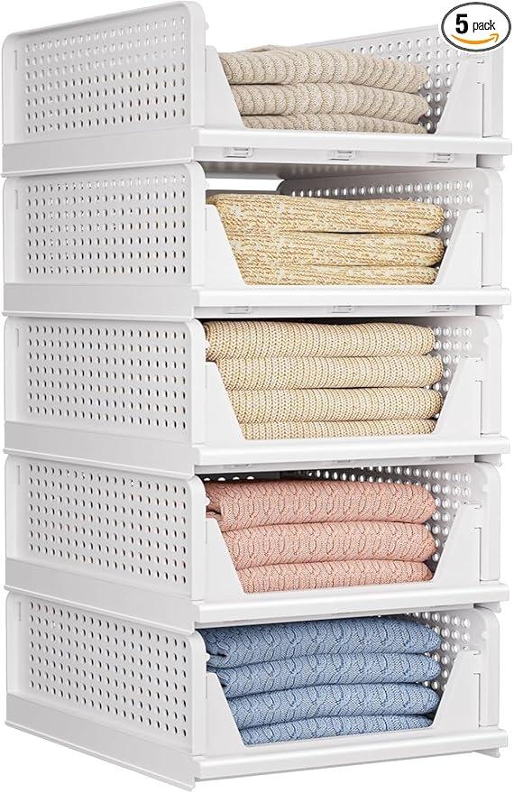 5 Pack Folding Closet Organizers Storage Box, Stackable Storage Bins, Plastic Drawer Basket Closet Storage for Wardrobe Cupboard Kitchen Bathroom Office 5L (White) 5 Pack Folding Closet Organizers Storage Box, Stackable Storage Bins, Plastic Drawer Basket Closet Storage for Wardrobe Cupboard Kitchen Bathroom Office 5L (White)
