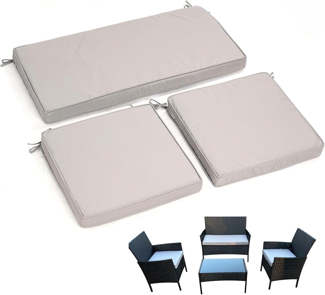 3-Pack Outdoor Patio Furniture Replacement Cushions SetHigh-Elastic Sponge Cushions Fit 4-Piece Wicker Rattan Sofa, Loveseat & Chairs, 36x18x2 & 18x18x2, Waterproof, Fade-Resistant (Light gray)