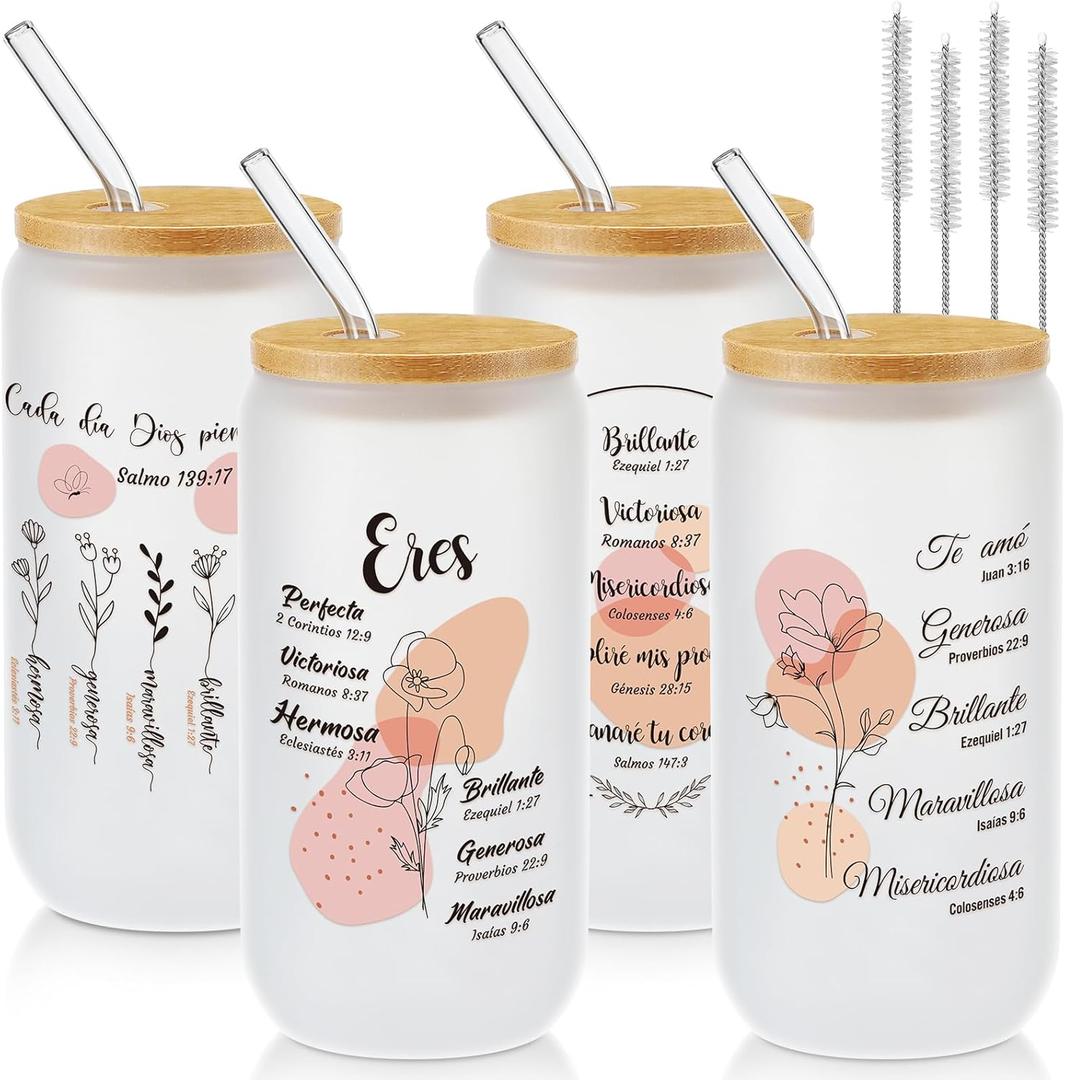 Tioncy 4 Pcs Spanish Christian Glass Cups 16 oz with Lids Straw and Brush Inspirational Religious Jesus Easter Gifts for Mom Girlfriend