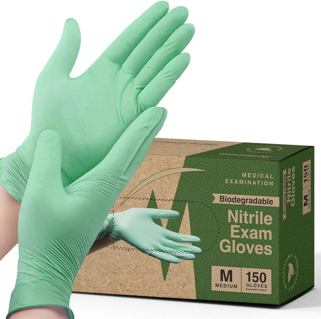 FifthPulse Biodegradable Disposable Nitrile Gloves, 150 Count, Green Food Safe Cooking Gloves - Powder and Latex Free Gloves, M