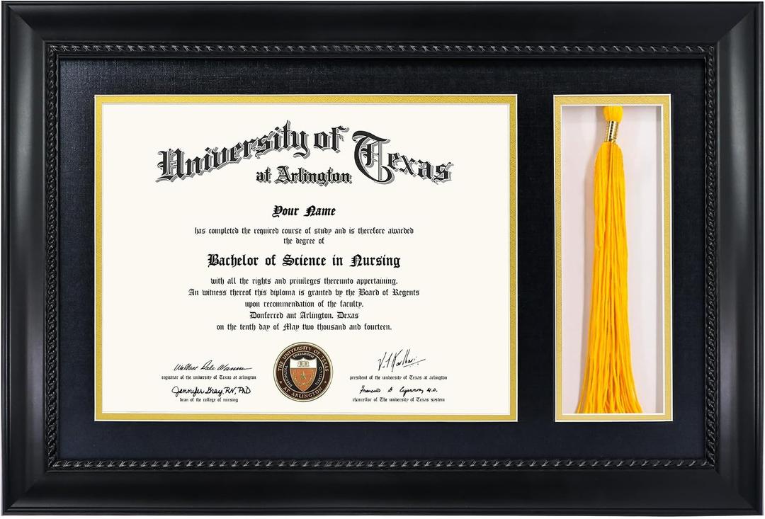 GMFrames Solid Wood Diploma Frame with Tassel Holder for 8.5x11 Certificate,Black Finish with Intricate Black Rope Detail,UV Protection Acrylic, 11x17 for 8.5x11 with Tassel