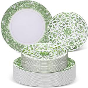 Hushee 60 Pcs Green Plastic Plates Set for Wedding Party Guests Green and White Floral Pattern Dish 10.25" Dinner 7.5" Dessert Plates Disposable for Banquet Dinner Bridal Shower