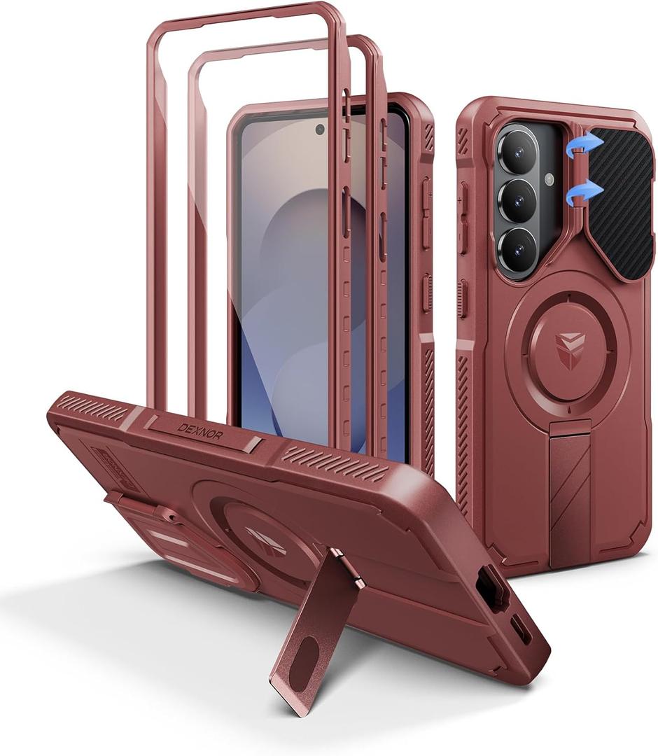 Dexnor for Samsung Galaxy S26 Case with Camera Cover & Adjustable Kickstand & Screen Protector, Compatible with MagSafe, Rugged Shockproof Bumper Cases Magnetic Protective Cover(2026),6.3",Maroon Red