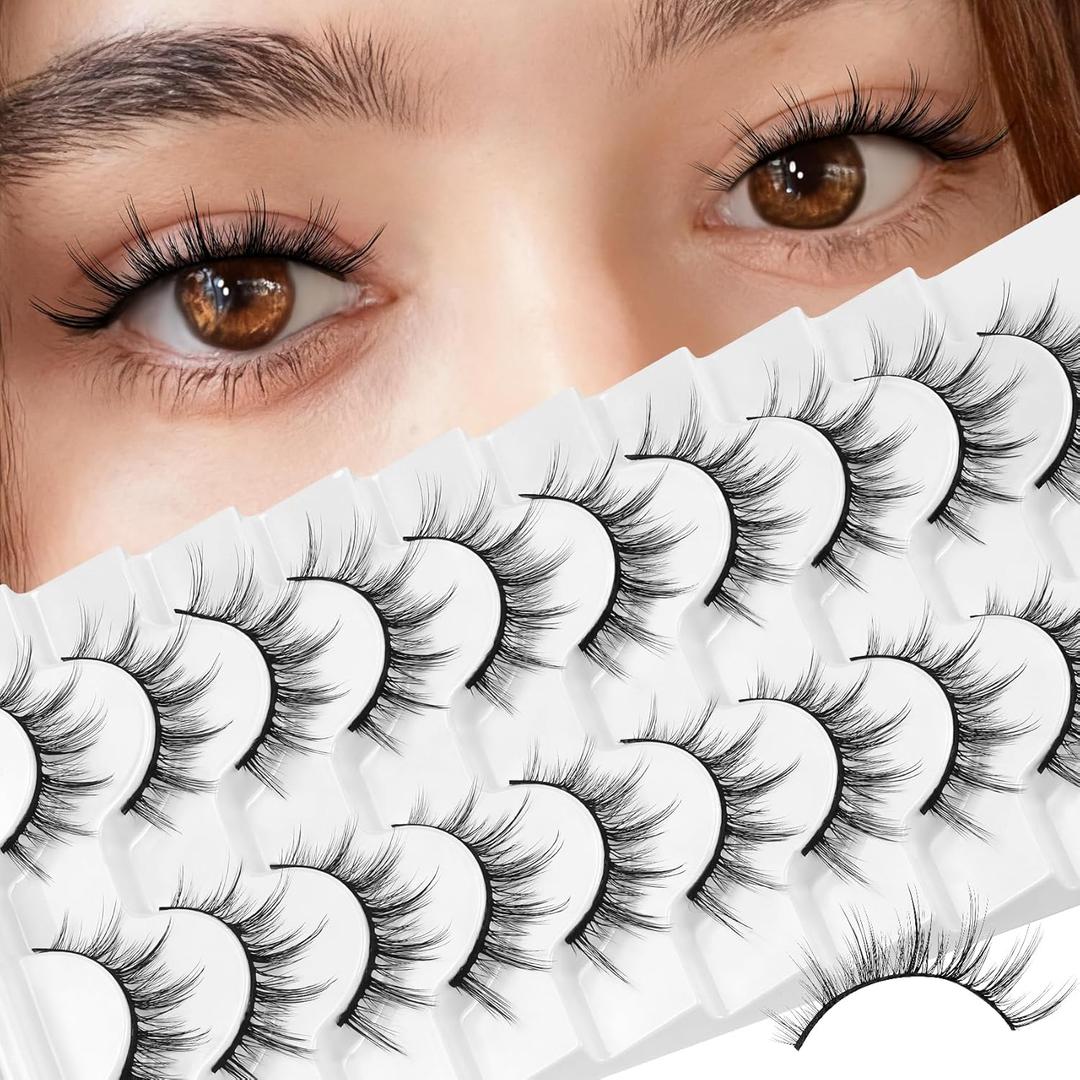 Losha Manga Lashes Fluffy Faux Mink Lashes Natural Look 10 Pairs Asian False Eyelashes Pack Look Like Individual Clusters (6D75)