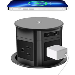 Pop Up Outlet; 15W Wireless Charger, 4 Outlets 1875W USB-A/C PD20W Super Charging 6.5FT 16AWG Cable 3.86 inch Desk Hole Pop Up Power Outlet for Kitchen Countertop,Office Table UL Testing-Black