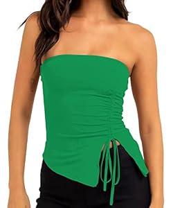 MISSACTIVER Women’s Strapless Sleeveless Tube Top Mesh Double Layer Ruched Side Asymmetrical Lace Up Bandeau Cami Tank Tops(Small, Green)