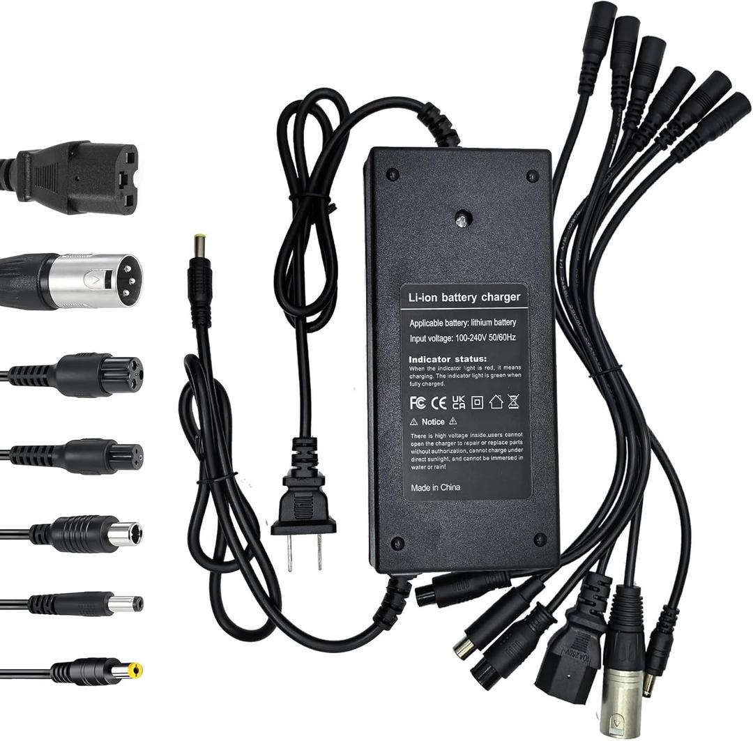 54.6V 3A Charger(7 Plugs) Universal for 13S 48V Li-ion BatteryFast and Safe Battery Charger 3Prong GX16/DC 5.5x2.5mm/XLR/IEC/RCA Connector Power Supply Adapter