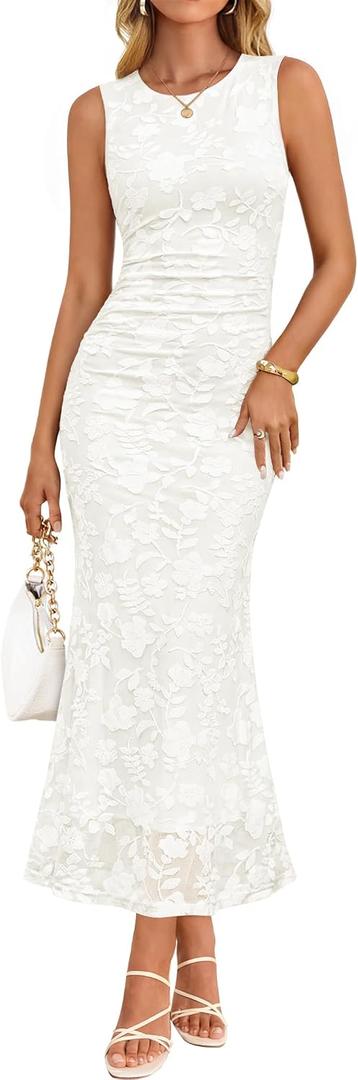 ZESICA Women's Sleeveless Floral Bodycon Maxi Dress 2026 Summer Ruched Mesh Wedding Guest Cocktail Party Dresses (White, XL)