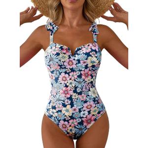 Aleumdr Women's One Piece Swimsuits Tummy Control Bathing Suits V Neck Boho Tie Shoulder Ruched Full Coverage Swimwear (Blue, M)