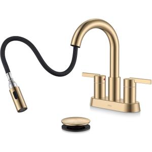 KENES Champagne Bronze Pull Down Bathroom Faucet, 4 Inch 2 Handle Centerset Bathroom Faucet 3 Hole with Pull Out Sprayer, Bathroom Vanity Faucet with Pop Up Drain & Supply Lines LJ-9069-CB