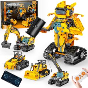 5in1 STEM Robot Building Kits for Kids 6-14, Remote & APP Controlled STEM Excavator/Bulldozer/Crane/Robot Building Toys, 736 Pcs Educational Building Sets for Kids, Erector Sets Gifts for Boys Girls