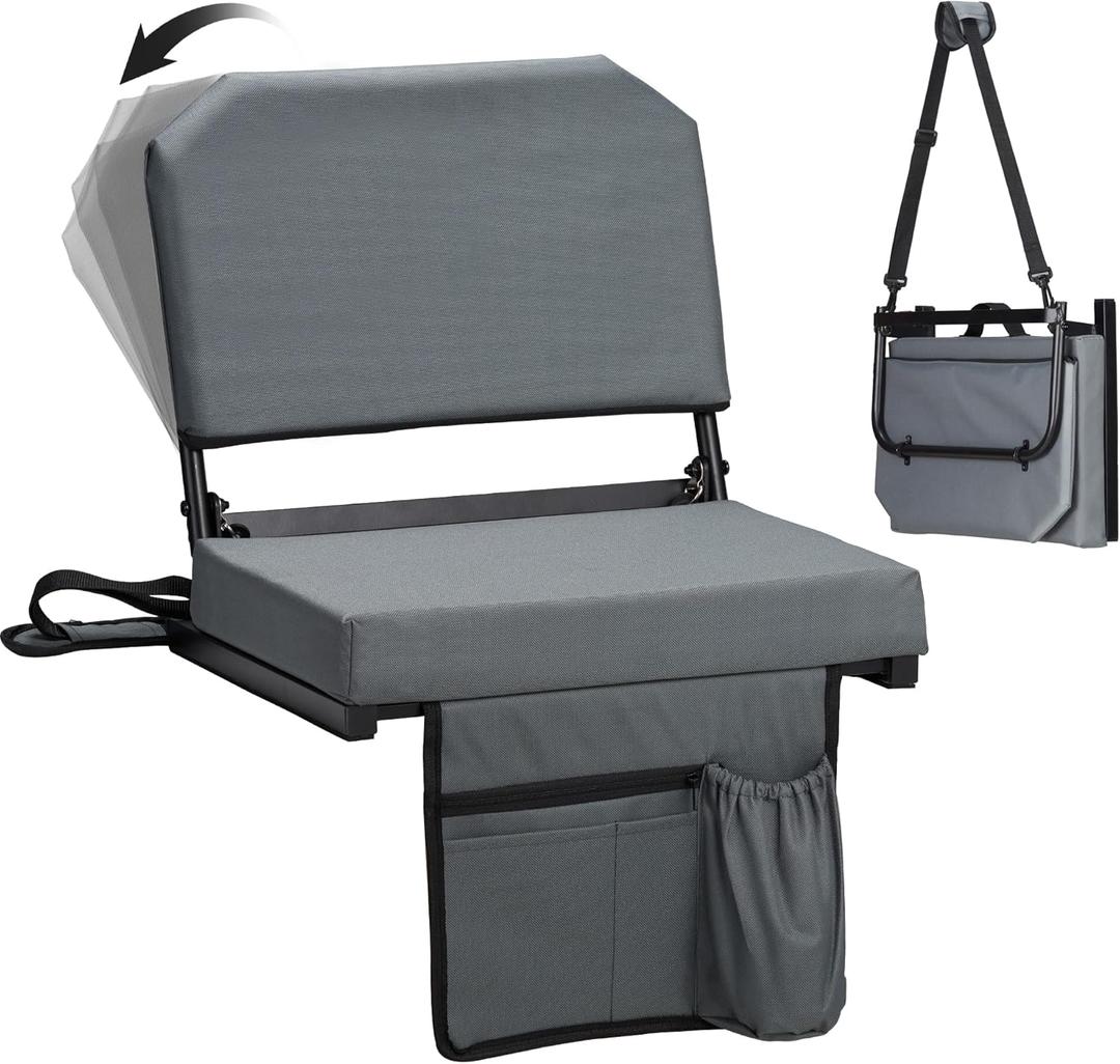 Dragosum Stadium Seats with Back Support Swivel, Bleacher Chairs with Shoulder Strap & Cup Holder, Upholstered Portable Folding Bleacher Seats (Grey)