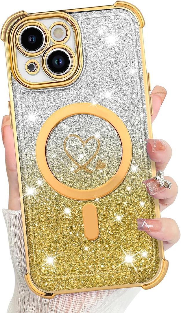KANGHAR for iPhone 15 Case, Support for MagSafe [Four Corner Cushion Series] Love Heart Pattern Electroplate Edge Shockproof Durable Full Body Protection for Girls Women -Gold