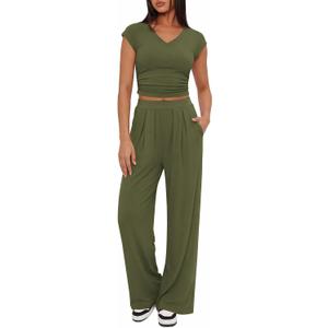 BTFBM Womens 2 Piece Outfits Spring 2026 V Neck Cap Sleeve Ruched Top Wide Leg Pants Sets Rib Knit Lounge Matching Set (Green, XXL)