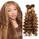 Ombre Highlight Deep Wave Bundles Human Hair Honey Blonde 3 Bundles Human Hair 30 32 34 Inch Soft and Healthy Unprocessed Virgin Remy P4/27 Brown Bundles