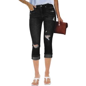 luvamia Capri Jeans for Women Stretch High Waisted Distressed Denim Capris Ripped Skinny Cropped Pants (X-Large, Black)