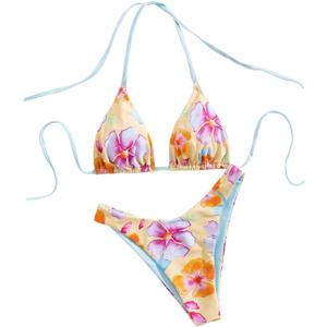 RoseSeek Women's High Waisted Bikini Sets Floral Halter Triangle Two Piece Swimsuits Cheeky Bathing Suit (Multicolor, XS)