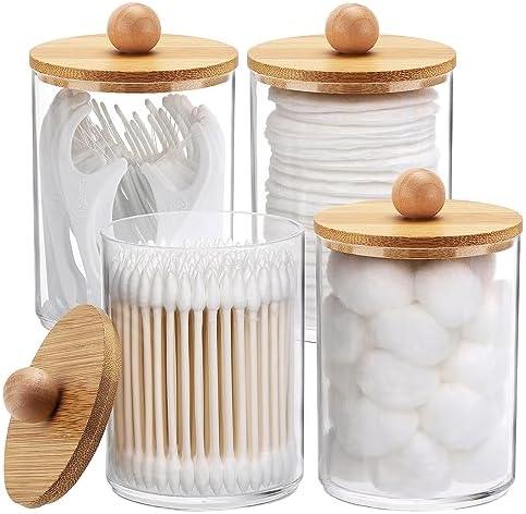 Tbestmax Pack of 4 Qtip Holder, 10-Ounce Bathroom Organizer Accessories Storage Containers Clear Plastic Apothecary Jars with Bamboo Lids for Cotton Ball, Cotton Swab, Floss