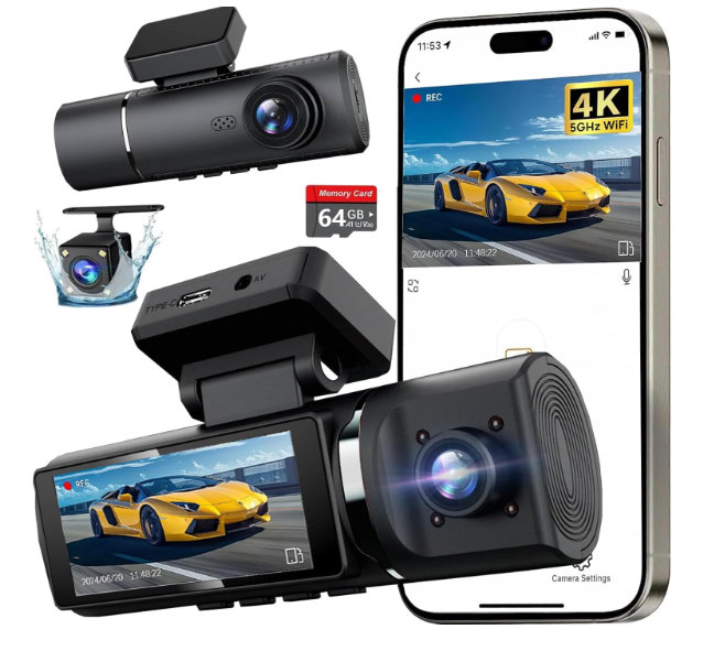 3 Channel 4K Dash Cam Front and Rear Inside, Built-in 5G WiFi, 4K+1080P+1080P Dash Camera for Cars with 64GB Card, Dashcam with Loop Recording,24H Parking Monitor,Night Vision,Support 512GB Max Silver