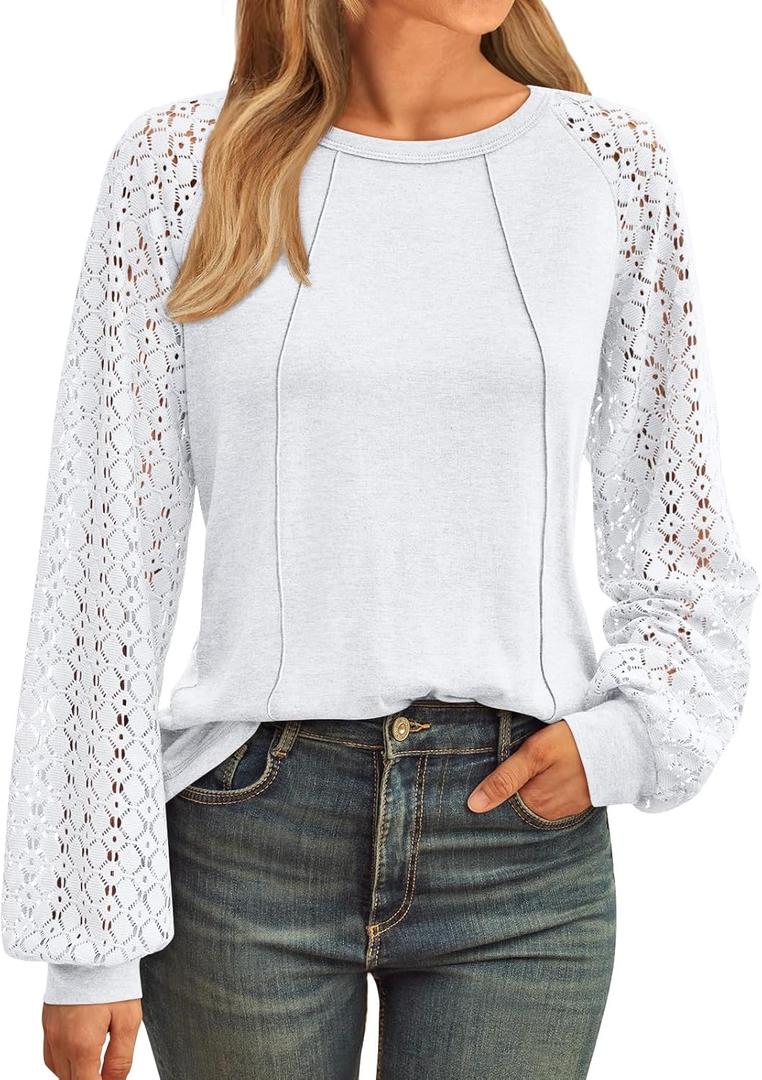 AUTOMET Womens Long Sleeve Shirts Casual Tops Dressy Outfits Fall Fashion Blouses Lace Clothes Y2k (White, XXL)