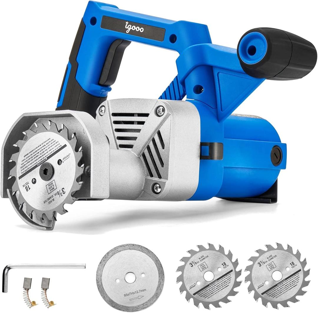 igooo Toe Kick Saw EKS85, Three 3-3/ 8 in. Blades, 2 Alloy Blade for Woods, 1 Diomend Blade for Tiles and Stones, Flush Cutting Saw, Special Circular Saw for Removing Subfloor or Tiles, 120V 60Hz