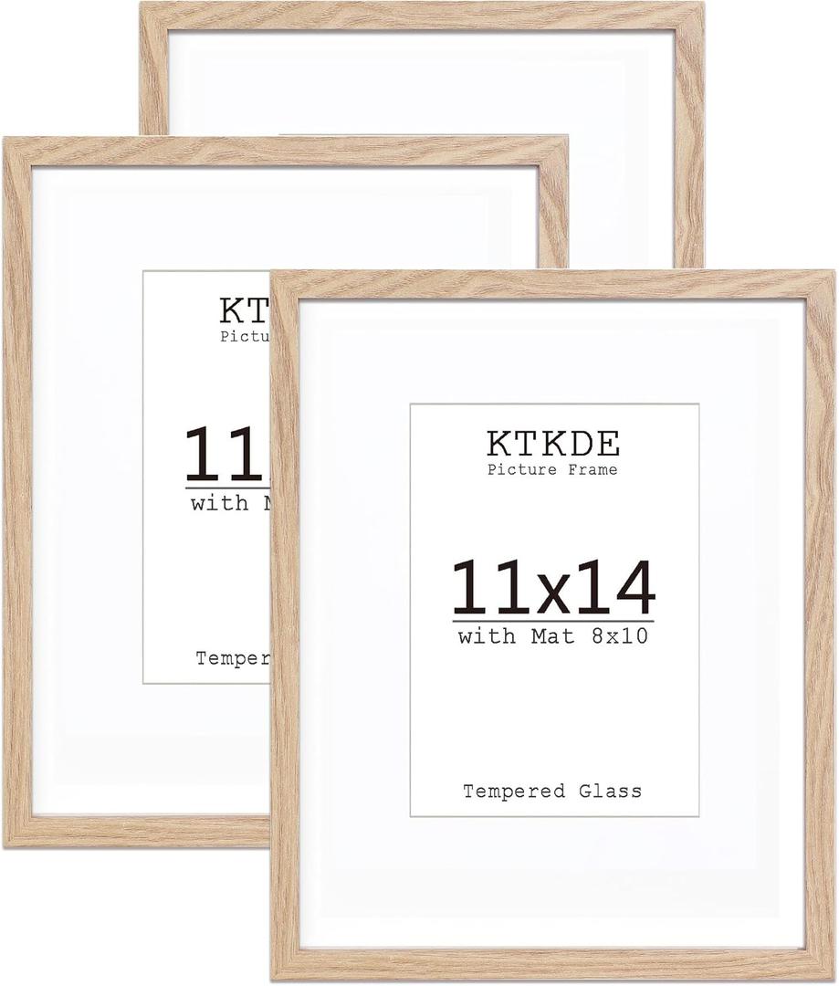 KTKDE 11x14 Picture frame Set of 3, 8x10 mat or 11x14 Without Mat,Nature Wooden Frame Real Glass 11 by 14 Studio Gallery for Wall Art, Poster Frame home Friends Wedding best gift (Natural Woodgrain)