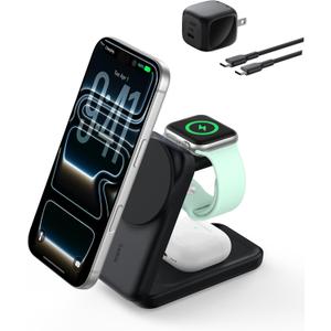 Belkin MagSafe Charger Compatible, 3-in-1 Charging Station, Qi2.2 25W Magnetic Wireless Charger Dock, Foldable Charging Stand for iPhone 17/16/15, Apple Watch, AirPods, Pixel 10 (45W Adapter Included) (Black)