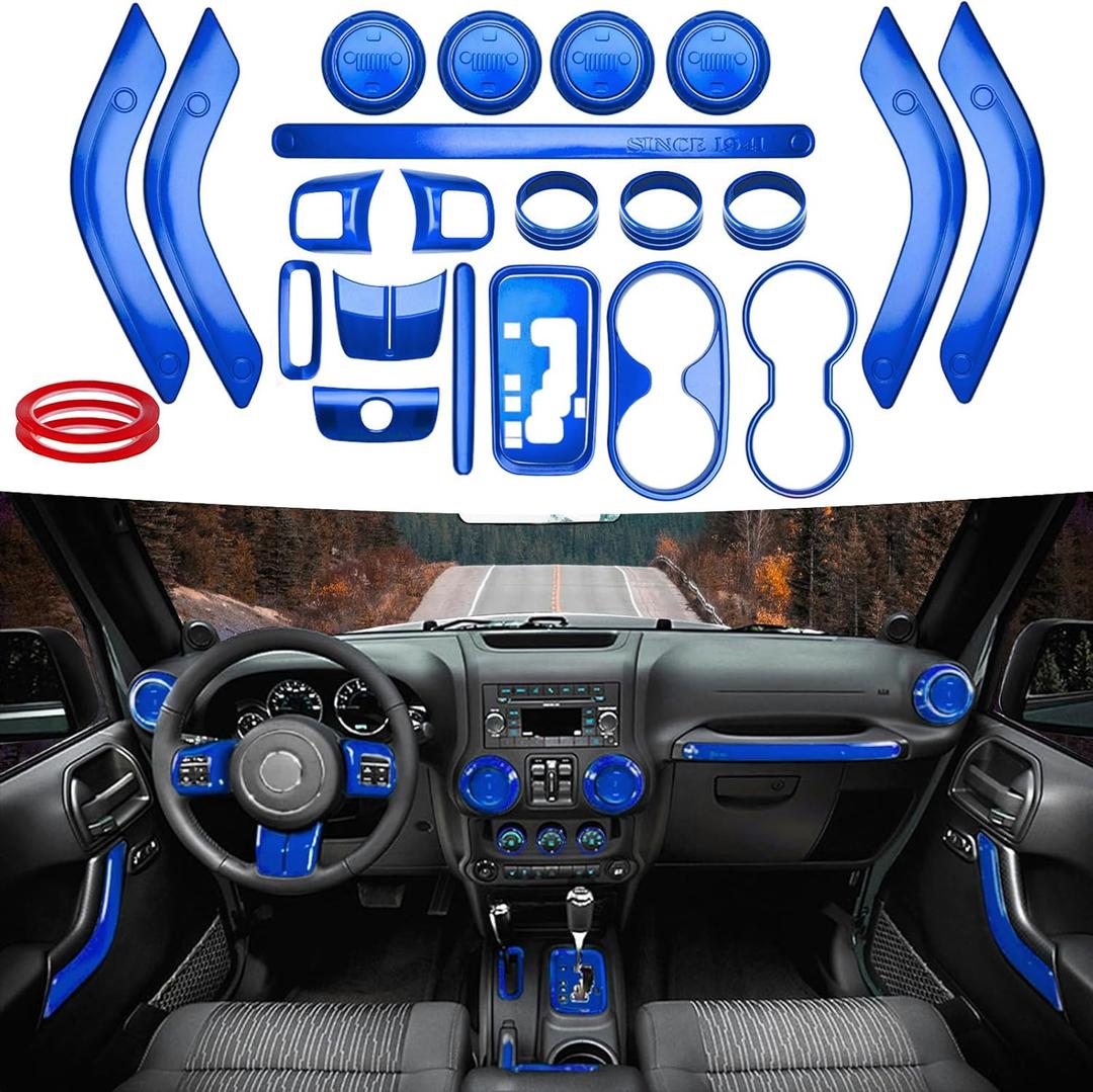 26PCS Full Set Interior Trim Kit Compatible with Jeep Wrangler JK JKU 2011-2018 2&4-Door Inner Center Console Trim, Door Handle, Cup Holder Cover, AC Ring Cover (Blue Decoration Kit)