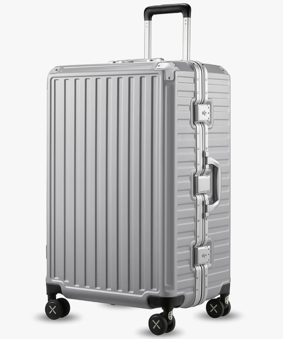 LUGGEX Aluminum Frame Luggage with Spinner Wheels, Zipperless Polycarbonate Hard Shell Suitcase, Checked Large 28 Inch, Silver Grey