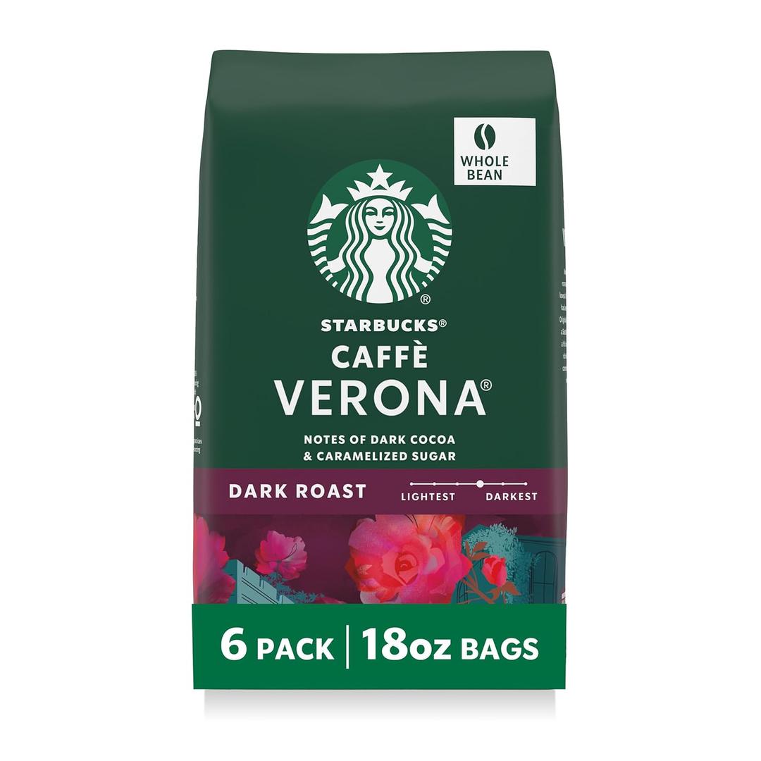 Starbucks Whole Coffee Beans, Dark Roast Hot or Iced Coffee, Caff Verona, Six 18 oz Bags (18 Ounce (Pack of 6)) BB 06/26/2026