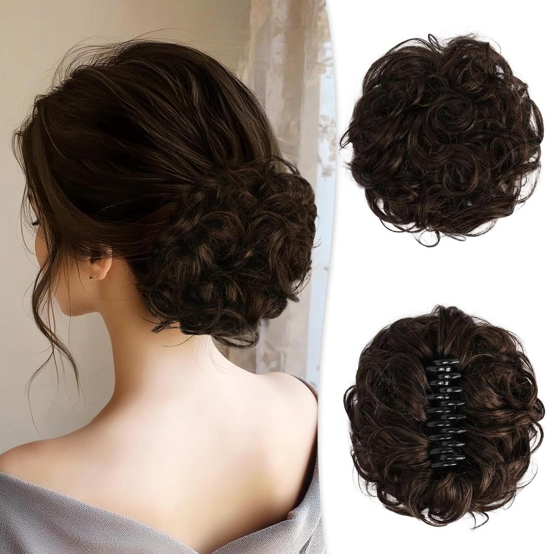 RUWISS Large Messy Bun Hair Piece with Claw Clip Human Hair Bun Wavy Curly Chignon Hair Bun Extensions Updo Hair Pieces for Women Claw Clip Ponytail for Women, Dark Brown with 15% Dark Cocoa Blonde