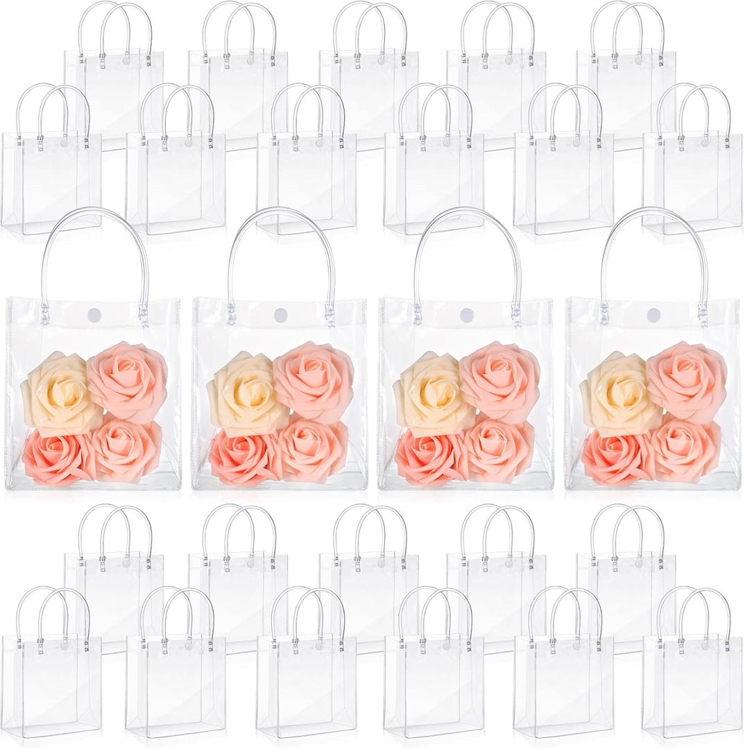 LEIFIDE 50pcs Clear Plastic Gift Bags with Handles PVC Reusable Transparent Totes Bags for Goodie Candy School Birthday Party (5.9 x 6.3 x 2.8 Inch)