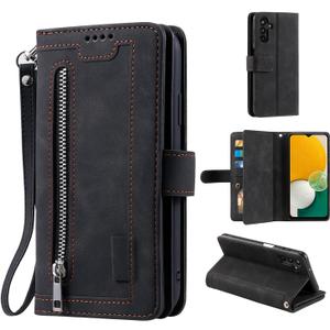EYZUTAK Wallet Phone Case for Samsung Galaxy A15 4G/5G, Retro Matte 9 Card Holder Slots Zipper Pocket Handbag Case PU Leather Magnetic Closure Kickstand with Wrist Strap Flip Folio Purse Case - Black
