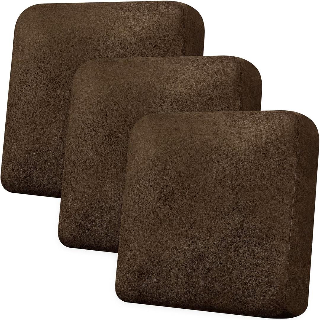 Couch Cushion Covers Leather-Look 3PC Stretch Extra Large Sofa Seat Slipcover Sets Individual Couch Seat Cushion Cover, Pet-Friendly, Non-Slip, Easy Fit - Dark Brown
