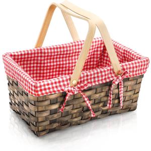 Yesland Small Picnic Basket, Woven Basket with Double Folding Handles, Wicker Basket & Organizer Blanket Storage with Red and White Liner for Egg Gathering, Wedding, Candy (13.5 x 8.25 x 6.5 Inches)