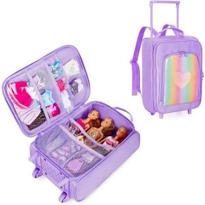 Travel Rolling Suitcase Compatible with Barbie Dolls 12-Inch Holds up to 6 Dolls, Storage Luggage Backpack with Wheels and Handle, Multiple Pockets for Dolls Clothes, Accessories, Purple, Bag Only
