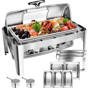 13 QT Roll Top Chafing Dish Buffet Set, Stainless Steel Food Warmer with Perspective Window for Parties, Birthday, Hotels and Weddings,1 Full&2 Half&3 Third Size Food Pan and 1 Water Pan