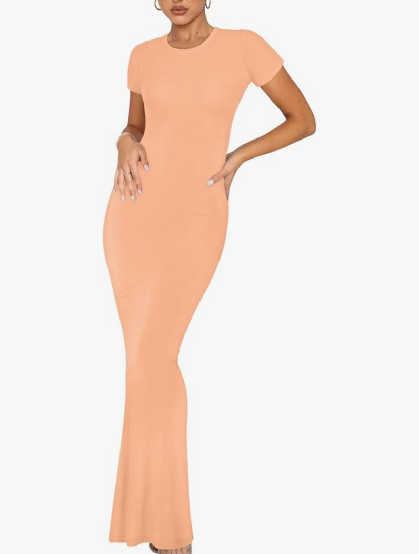 REORIA Women's Basic Summer Casual Lounge Long Dress Elegant Short Sleeve Crew Neck Bodycon Maxi Dresses, XL