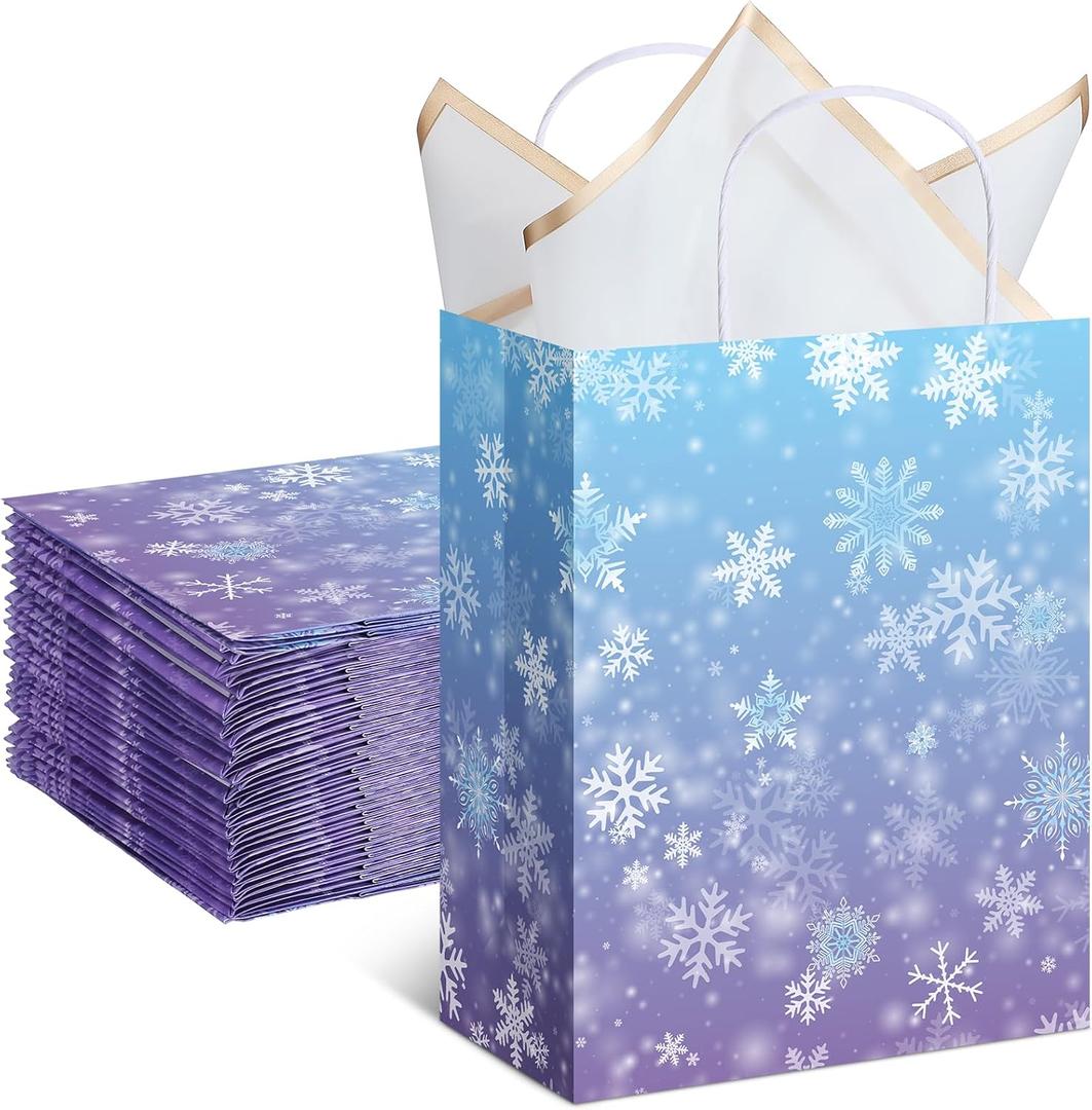 ReliThick 30 Pcs Snowflake Paper Bags Iced Candy Treat Goodie Gift Bags with Handle Blue and Purple Party Favors for Princess Holiday Birthday Wonderland Party Supplies (8.27 x 10.63 x 4.33 inches)