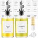 Olive Oil Dispenser Bottle - Includes 55 Kitchen Essential Labels - Cooking Oil Bottles for Kitchen, Coffee Syrup Dispenser - Pourer Spout with 11.8 fl oz Glass Container Cruet - 2pcs Silver