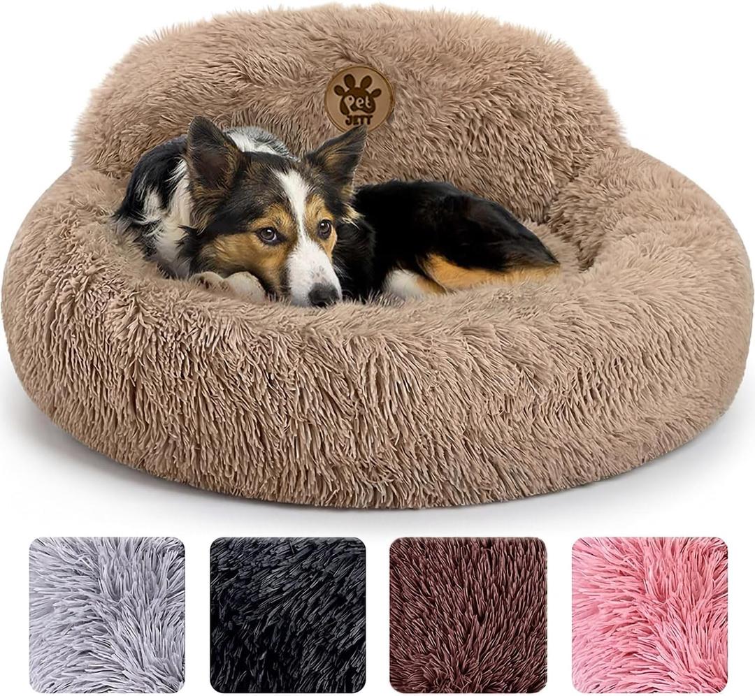 PetJett Calming Medium Dog Bed - 30'' Round Dog Beds - Washable Dog Bed - Anti-Slip Super Soft Fluffy Plush Donut Bed, Anti-Anxiety Premium Comfort Pet Bed, Fits Dogs up to 45 lbs - Beige