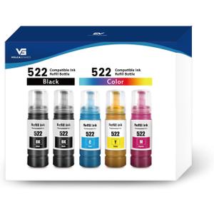 T522 522 Ink Refill Bottles for Epson EcoTank Printers ET-2800 ET-4800 ET-4700 ET-2400 ET-2720 ET-2803 (2 Black, 1 Cyan, 1 Magenta, 1 Yellow)