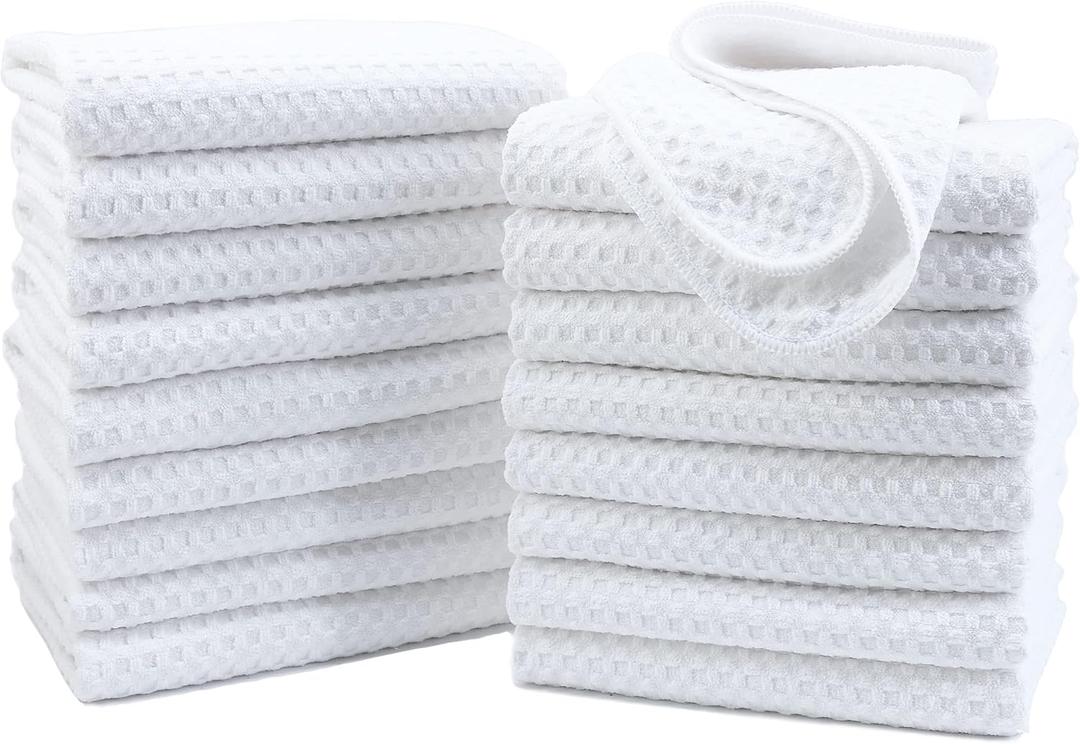 POLYTE Ultra Premium Microfiber Kitchen Dish Hand Towel Waffle Weave, 18 Pack (16x28 in, White)