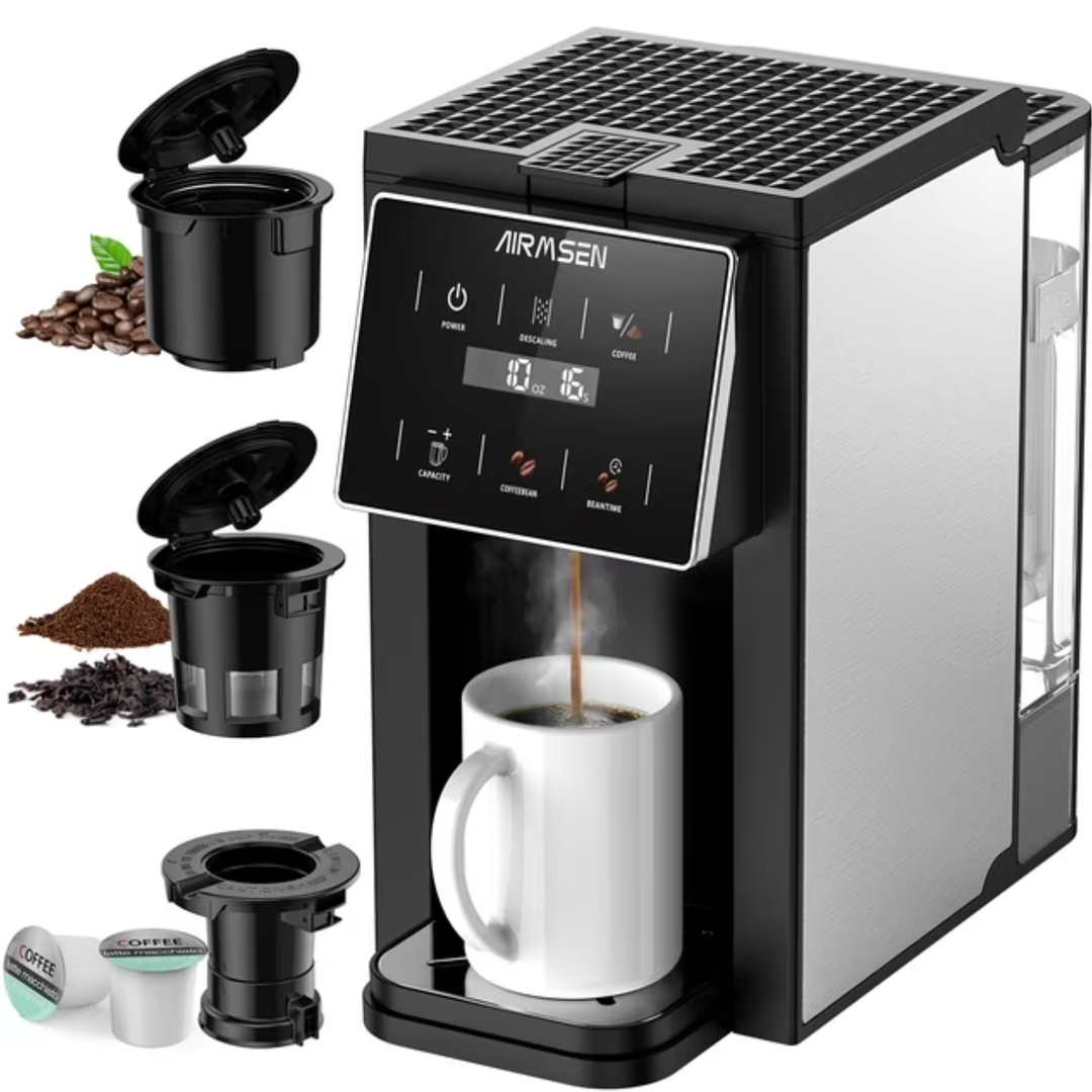 AIRMSEN Grind & Brew Coffee Maker with Built-in Grinder - Single-Serve Machine Compatible with K-Cup Pods & Ground Coffee, 1000W Fast 6-14oz Brew, Descaling Alert, Touchscreen & 50oz Removable Tank