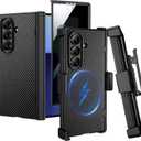 VEGO for Galaxy Z Fold 7 Case with Belt Clip Holster, Compatible with MagSafe, [Hinge Protection][Privacy Screen Protector] Magnetic Slim PU Leather Cover for Samsung Z Fold7 - Carbon Fiber Black